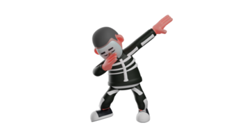 3D illustration. Cool Boy 3D Cartoon Character. Cool skeleton with DAB pose. Skeleton is happy and show his joy. Cool guy in a skeleton costume. 3D cartoon character png