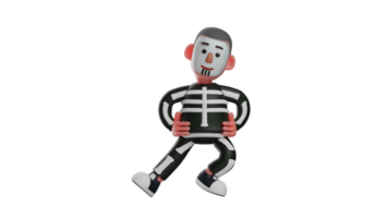 3D illustration. Spirited Skeleton 3D Cartoon Character. Boys wear skeleton costumes. Unique skeleton doing gymnastics. Skeleton with both hands on his waist. 3D cartoon character png