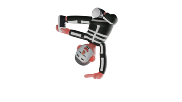 3D Illustration. Cool Skeleton 3D Cartoon Character. Skeleton is dancing with an upside down pose. Skeleton did his hobby while smiling happily. 3D cartoon character png