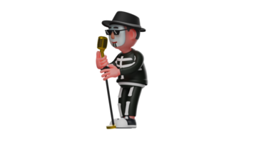 3D Illustration. Fabulous Skeleton 3D cartoon character. Skeleton is singing with a gold microphone. Talented Skeleton following the  singing competition. 3D cartoon character png