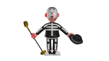 3D Illustration. Successful Framework 3D Cartoon Character. Skeleton managed to sing extraordinary. Skeleton smiled proudly when he held out his hand holding mic and hat. 3D cartoon character png