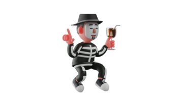 3D Illustration. Charming Skeleton 3D cartoon character. Skeleton is attending a party. Cool skeleton holding a glass of wine. Skeleton is enjoy to the party. 3D cartoon character png