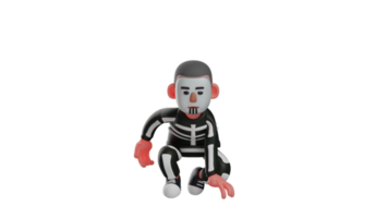 3D Illustration. Dancer 3D cartoon character. Cool dancer use skeleton costume. Dancer guy with a pose knelt down and smiles charming. Dancer showed his talent. 3D cartoon character png