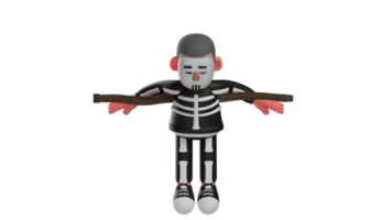 3D Illustration. Tired Skeleton 3D cartoon character. Skeleton is resting from his daily activities. Skeleton hung his hand on a long wooden. 3D cartoon character png