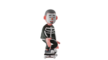 3D Illustration. Cheerful Skeleton 3D Cartoon Character. Skeleton is playing skateboard. Handsome skeleton smiled happily. Skeleton is doing his hobby. 3D cartoon characters png