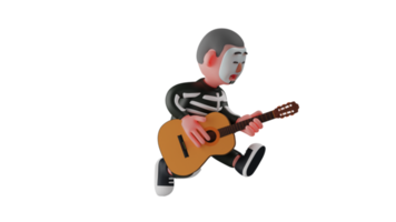 3D Illustration. Talented Skeleton 3D Cartoon Character. Skeleton like to play musical. Skeleton is playing the guitar energetically. Skeleton played guitar with an kneeling pose. 3D cartoon character png