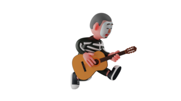 3d illustration. begåvad skelett 3d tecknad serie karaktär. skelett tycka om till spela musikalisk. skelett är spelar de gitarr energiskt. skelett spelade gitarr med ett knästående utgör. 3d tecknad serie karaktär png