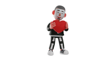 3D Illustration. Romantic Skeleton 3D cartoon character. A handsome skeleton carries and hugs a big red love. Skeleton smiled sweetly because he felt happy. 3D cartoon character png