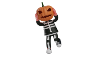 3D Illustration. Halloween Skeleton 3D cartoon character. A creepy skeleton uses pumpkin as his head. Skeleton comes to the Halloween party. 3D cartoon character png