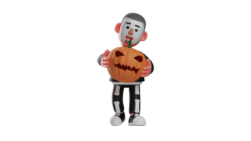 3D Illustration. Cool Skeleton 3D Cartoon Character. Skeleton brought a pumpkin mask in his arms. Skeleton is confused after returning from the party. 3D cartoon character png