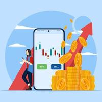 Technical analysis candlestick chart. Global stock market indices, trading exchanges. people who trade stocks buy and sell stocks with a mobile app. Forex trading strategy. Investing in Stocks vector