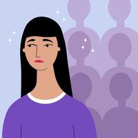 Unhappy character feel lonely abandoned in crowd suffer from communication lack. Upset character struggle with depression, stressed  or mental disorder. Psychological problem. Flat vector illustration