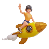 3d illustration cute girls is flying on a rocket png