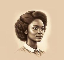 Black history month, illustration Ai generated. Portrait of an African young woman, illustration, sepia. Black live matter concept. photo