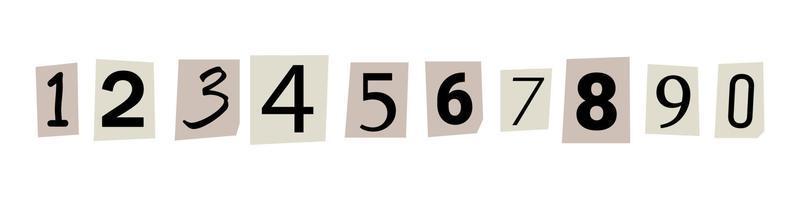 Vector ransom font. Numbers cuto-uts from newspaper. Criminal character set. Ransom black text on white paper. Numbers collection.