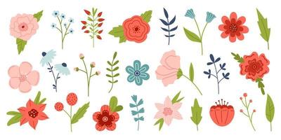 Vector flower set in flat design. Collection of spring blooming plants. Floral elements in red, pink and blue colors.
