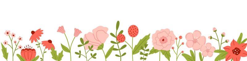 Horizontal floral banner decorated with various blooming flowers and leaves. Botanical backdrop with red and pink flowers. Spring floral text template. White background with multicolored flowers.