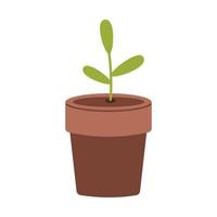 Vector young green plant in flat design. Seedling in plant pot. Planting and gardening. Springtime.