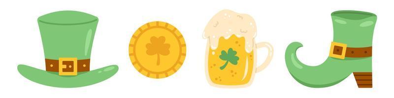 Vector St Patricks day set in flat design. Collection with green hat, boot, beer and coin with clover. Cliparts for celebrating St Patricks day. Elements in green and yellow colors.