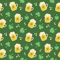 Vector St Patricks day seamless pattern. Beer with froth and clover leaves on dark green background. Print for celebrating St Patricks day.