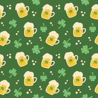 Vector St Patricks day seamless pattern. Beer with froth and clover leaves on dark green background. Print for celebrating St Patricks day.