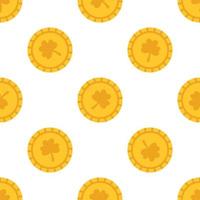 Vector St Patricks day seamless pattern. Pattern with gold coins with clover leaf on white background. Print for celebrating St Patricks day. Money and wealth.