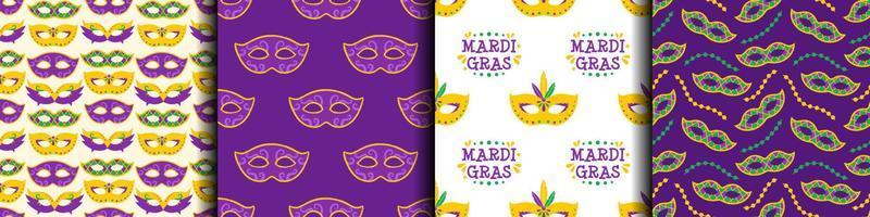 Vector Mardi Gras set of seamless patterns. Backgrounds with carnival masks and beads. Design for fat tuesday holiday, carnival and festival. Colorful patterns.