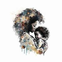 negro historia mes, ilustración ai generado. retrato de un africano mujer con un niño en su brazos, ilustración en color acuarela. foto