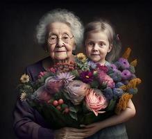 de la madre día y De las mujeres día saludo tarjeta concepto. un ramo de flores de Fresco tulipanes en abuela y nieta manos. amable abrazos madres y hijas ai generado ilustración foto