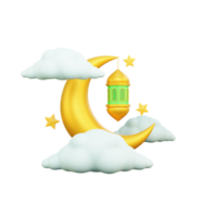 3d rendering moon and lantern ramadan icon png