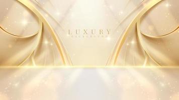 Luxury cream color background with golden curve line elements and gold light effects decoration and bokeh, Vector illustration scene design.