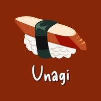 unagi sushi, type of maki or rolled sushi, rice topped with cooked grilled eel on top and wrapped in nori seaweed sheet vector