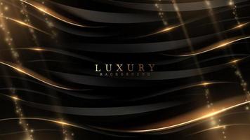 Abstract black ribbons background overlapping gold curve elements with golden light effects decoration and bokeh, Luxury style design concepts. vector