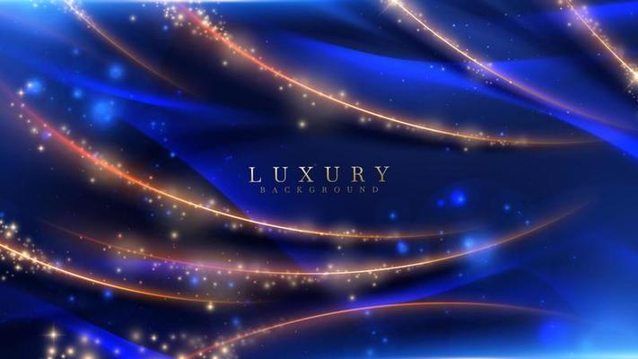 Blue luxury background with golden line decoration and curve light effect with bokeh elements.