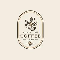 coffee shop logo. retro badge coffee bean and leaf branch with mountain natural icon line stamp logo vector design in vintage hipster modern style, premium coffee shop bar brand symbol icon
