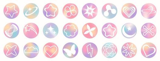 Set of mesh gradient stickers in pastel colors. Abstract y2k geometric shapes in trendy retro style. vector