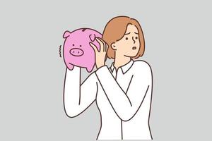 Distressed young woman hold piggy bank stressed about financial expenses or expenditures. Unhappy female with piggybank manage finances. Vector illustration.