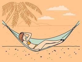 contento joven mujer acostado en hamaca relajante en playa en verano vacaciones. sonriente niña en bikini disfrutar Hora de verano vacaciones en costa. vector ilustración.