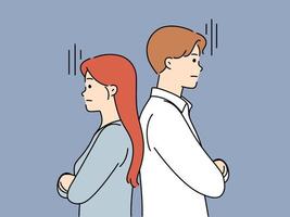 Unhappy offended couple stand facing backs suffer from problems in relationships. Hurt mad man and woman ignore each other avoid talking. Vector illustration.