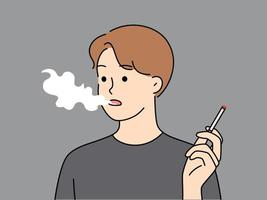 Young man smoking cigarette. Millennial male smoker suffer from addictive habit bad for health. Vector illustration.