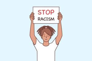 Young African American woman holding placard saying Stop racism protest on street demonstration or march. Black girl with poster against racial discrimination. Vector illustration.