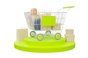 Realistic 3D rendering of a shopping cart on a green podium with bags and boxes inside. Online shopping banner design. 3D Render png