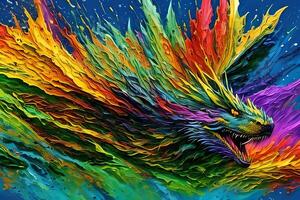 Water color or oil painting fine art illustration of abstract colorful flying dragon print digital art. photo