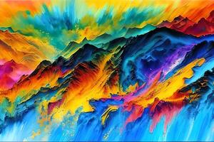 Water color or oil painting fine art illustration of abstract colorful panoramic mountain and nature print digital art. photo