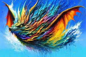 Water color or oil painting fine art illustration of abstract colorful flying dragon print digital art. photo