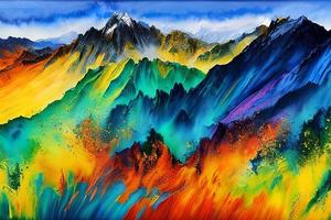 Water color or oil painting fine art illustration of abstract colorful panoramic mountain and nature print digital art. photo