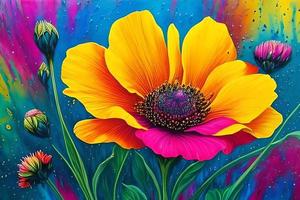 Water color or oil painting fine art illustration of abstract close up colorful nature and blooming floral flowers print digital art. photo