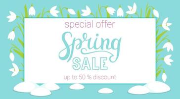 Vector illustration. Spring sale - designer hand lettering. Special offer discounts up to 50 percent. The inscription on a blue background with snowdrops. Gift card.