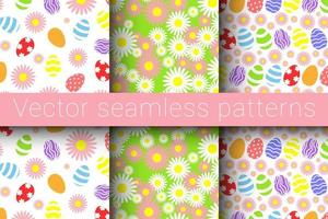 Vector illustration. Collection of vector seamless patterns for happy easter day. Easter eggs and floral patterns.