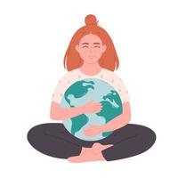 Woman hugging Earth globe. Earth Day, saving planet, nature protect, ecological awareness. vector